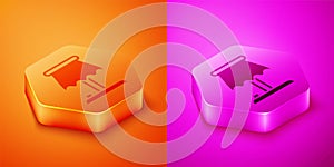 Isometric Table lamp icon isolated on orange and pink background. Hexagon button. Vector