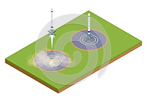 Isometric take-off and landing of a rocket. Military sea transport. International army. Rocket, launch vehicle