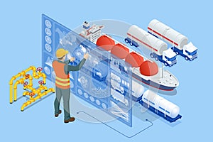 Isometric Tanker loading Liquefied Natural Gas at trading terminal. Transportation, delivery, transit of natural gas