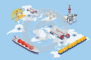 Isometric Tanker loading Liquefied Natural Gas at trading terminal. Transportation, delivery, transit of natural gas