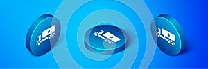 Isometric Tanker truck icon isolated on blue background. Petroleum tanker, petrol truck, cistern, oil trailer. Blue