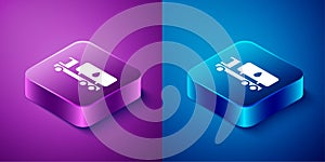 Isometric Tanker truck icon isolated on blue and purple background. Petroleum tanker, petrol truck, cistern, oil trailer