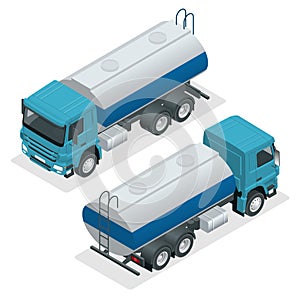 Isometric Tanker truck vector. Petroleum tanker, petrol truck, white cistern, oil trailer isolated on white background.