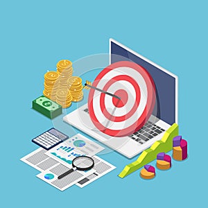 Isometric target with arrow hit the center on laptop with business data analysis
