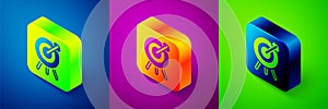 Isometric Target financial goal concept icon isolated on blue, purple and green background. Symbolic goals achievement
