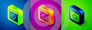 Isometric Target financial goal concept icon isolated on blue, purple and green background. Symbolic goals achievement