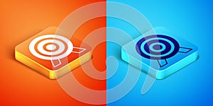 Isometric Target financial goal concept icon isolated on orange and blue background. Symbolic goals achievement, success