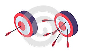 Isometric targets. Archery, arrow in goal and failure. Business ambitions metaphor, success and fail illustration