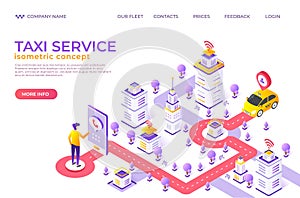 Isometric taxi landing page. City map website with destination points, car rent and food delivery service concept