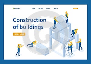 Isometric team of builders create a building