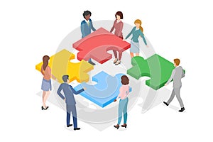 Isometric Teamwork Partnership Leadership flat design vector illustration. Team of People work gathering four Parts of Puzzle