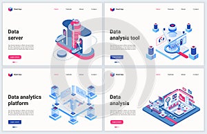 Isometric tech services of data center vector illustration, cartoon 3d database technology, data analysis and analytics