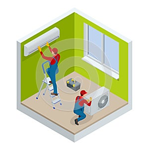 Isometric technician repairing split air conditioner on a white wall. Construction building industry, new home