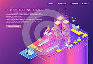 Isometric technology concept. Business 3D background, modern infographic design, futuristic web page. Vector isometric photo