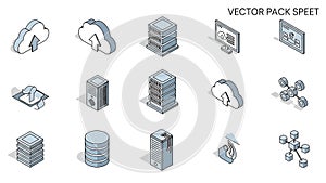 Isometric Technology Icons: Cloud Computing, Servers, Data Storage, and Networking