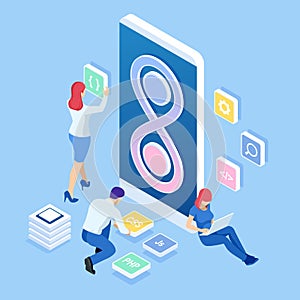 Isometric technology process of Software development. Web development and coding. Cross platform development website.