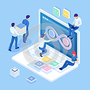 Isometric technology process of Software development. Web development and coding. Cross platform development website.
