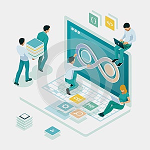 Isometric technology process of Software development. Web development and coding. Cross platform development website.