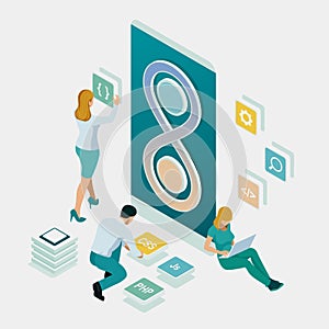 Isometric technology process of Software development. Web development and coding. Cross platform development website.