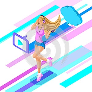 Isometric teenage girl listens to music through cloud storage, joy, jump, happiness, hair develops in the wind