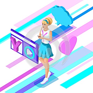 Isometric teenage girl watches video files through cloud storage, joy, beautiful hairstyle