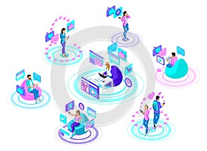 Isometric teenagers with modern gadgets, communicate in social networks and the Internet. Bright, colorful advertising concept