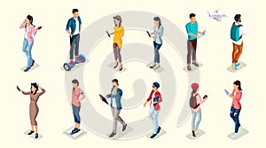 Isometric Teenagers Stylish Students Uses Hi Tech