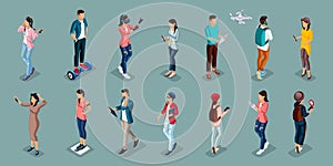 Isometric Teenagers Stylish Students Uses Hi Tech