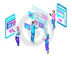 Isometric teenagers, use gadgets, phones, generation Z, colorful concept of social networking correspondence, a set of holographic photo