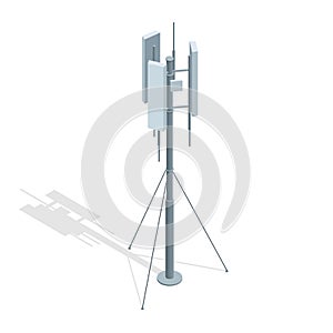 Isometric Telecommunications towers. A mobile phone communication repeater antenna vector flat illustration.