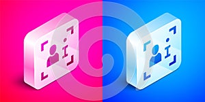 Isometric Television report icon isolated on pink and blue background. TV news. Silver square button. Vector