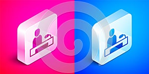 Isometric Television report icon isolated on pink and blue background. TV news. Silver square button. Vector