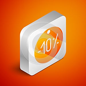 Isometric Ten discount percent tag icon isolated on orange background. Shopping tag sign. Special offer sign. Discount