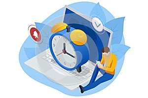 Isometric time management and business planning. Time is money. Deadline. Deadline concept of overworked man Time to