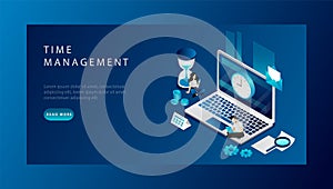 Isometric Time Management Concept. Website Landing Page. Business People Are Planning Their Working Time. Man And Woman