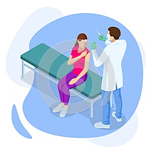 Isometric Time to vaccinate concept. Doctor or nurse, scientist giving patient vaccine, COVID-19, flu or influenza shot