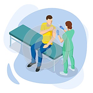 Isometric Time to vaccinate concept. Doctor or nurse, scientist giving patient vaccine, COVID-19, flu or influenza shot