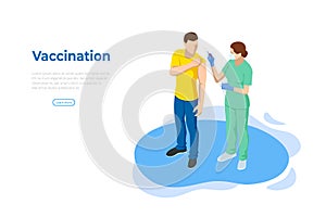 Isometric Time to vaccinate concept. Doctor or nurse, scientist giving patient vaccine, COVID-19, flu or influenza shot