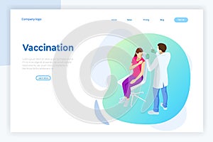 Isometric Time to vaccinate concept. Doctor or nurse, scientist giving patient vaccine, COVID-19, flu or influenza shot