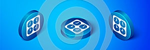 Isometric Time zone clocks icon isolated on blue background. Blue circle button. Vector