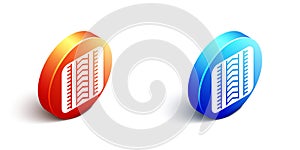 Isometric Tire track icon isolated on white background. Orange and blue circle button. Vector