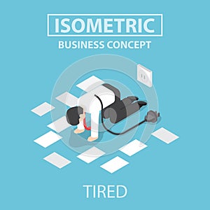 Isometric tired businessman unplug and stop working