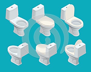 Isometric Toilet equipment collection for interior design. Set of different toilet sinks types. Vector illustration