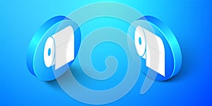 Isometric Toilet paper roll icon isolated on blue background. Blue circle button. Vector