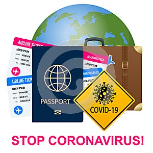 Isometric Tourism industry crisis. Flight ban, closed borders for tourists and travelers with coronavirus. Ban on travel