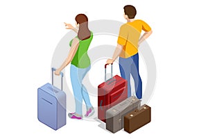 Isometric Tourist Travel Abroad in Free Time Rest Getaway Air Flight Trip Journey Concept. Couple Being Ready to go for