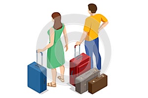 Isometric Tourist Travel Abroad in Free Time Rest Getaway Air Flight Trip Journey Concept. Couple Being Ready to go for