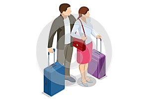 Isometric Tourist Travel Abroad in Free Time Rest Getaway Air Flight Trip Journey Concept. Couple Being Ready to go for