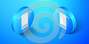Isometric Towel on a hanger icon isolated on blue background. Bathroom towel icon. Blue circle button. Vector