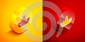 Isometric Toy boat icon isolated on orange and red background. Circle button. Vector